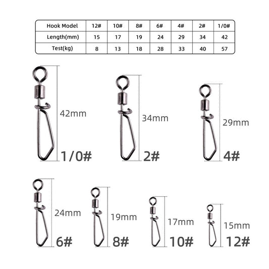 10 Pcs/ Box Fishing Rolling Swivels Connector with T shape Snap 2#-12# For Fishhook Lure Tackle Carp Fishing Accessories
