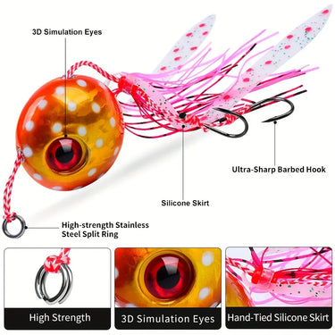 Squid Jig Fishing Lure with Glowing Eyes and Tassel Tail Slow Pitch Jigs Artificial Bait for Offshore Saltwater Boat Fishing