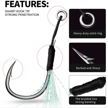 20pcs/lot Metal Jig Assist Hook With PE Line Feather Solid Ring Jigging Spoon Saltwater Fishhook Set for 10-60g Lure