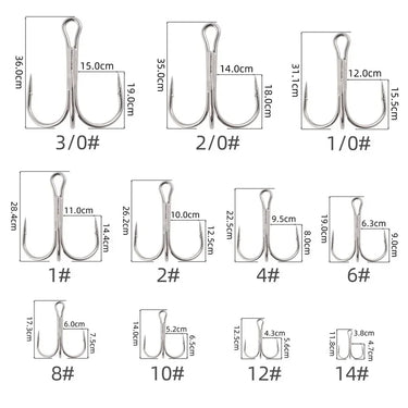 10Pcs/lot 2# -14# 3/0# Silver Fishing Hook High Carbon Steel Treble Overturned Hooks Fishing Tackle Round Bend Treble For Bass