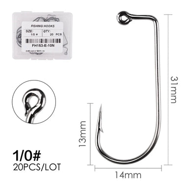 20pcs/box 9147 High Carbon Steel Fishhook Black 90 Degree Aberdeen Offset Jig Fishing Hooks Size 6# - 5/0# Big Fishing Hook