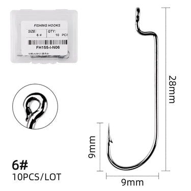 10pcs Wide Gap Worm Fishing Hooks Jig Crank Big Bass Hook Black High Carbon Steel Crank Barbed Hook for Soft Fishing Lure