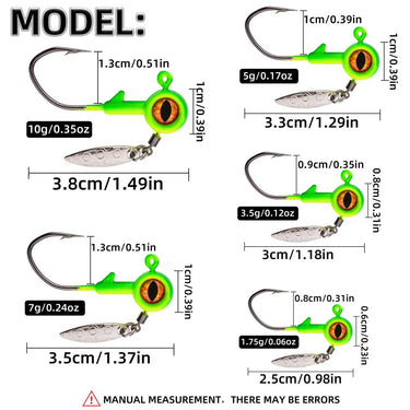 10Pcs New Head Jigs Hook 1.75g-10g with Willow Leaf Blade for Soft Worm Fishing