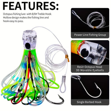 70g/96g Resin Head Octopus Soft Skirt Lure Deep Sea Boat Fishing Big Trolling Bait for Tuna Wahoo Shark Skirts Fast Sinking
