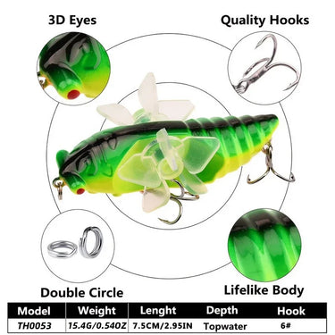 Bionic Cicada Hard Fish Lure Spinning Spinning Fishing Bait 7.5cm/15.4g Propeller Treble Hook For Freshwater Saltwater Lures