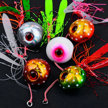 Squid Jig Fishing Lure with Glowing Eyes and Tassel Tail Slow Pitch Jigs Artificial Bait for Offshore Saltwater Boat Fishing
