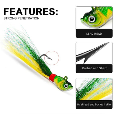 1PC Bucktail Jigs Head Hook 3D Eyes Bait 7g 14g 28g 56g Deer Hair Feather Hook Beard Jigging Lure Fishing