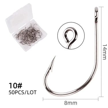 50pcs/box Carb Hook Fishing Hook Big Ring Carbon Steel Single Hooks Tackle Worm Hooks with Big Eyes Ring