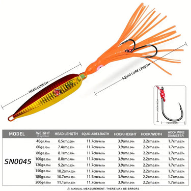 Fast Sinking Metal Jig Spoon Lure  with Silicone Skirt 1pc 40-200g Fishing Hard Artificial Bionics Bait For Tuna Bass Saltwater