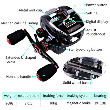 Digital Display Electronic Fishing Reel 8.0:1 High Speed Ratio Low Profile Line Counter Baitcasting Reel Fishing Tools